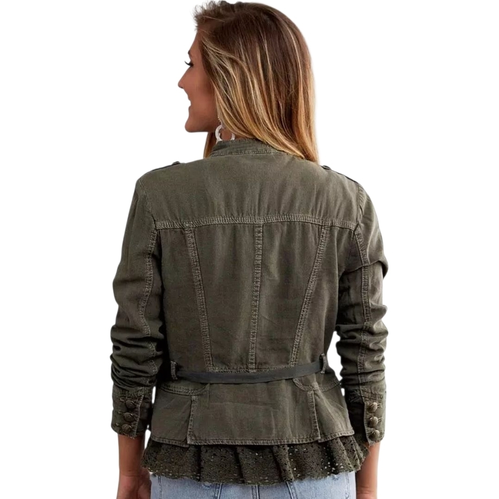 Free People Emilia Military Jacket Belted Lace Hem Utility Olive Small - Picture 3 of 14